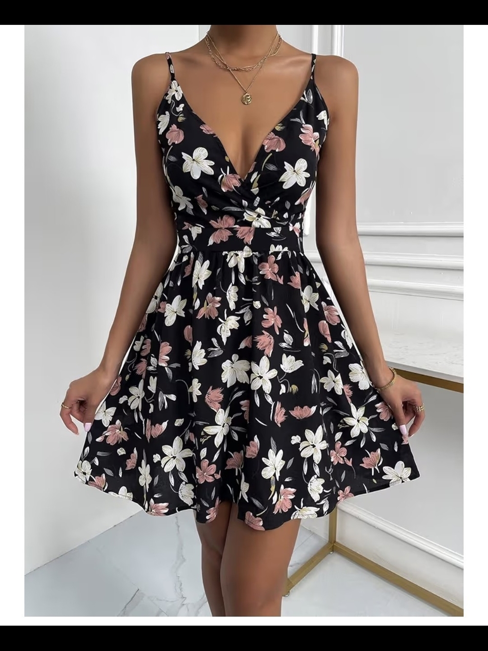 Floral V-Neck Black Summer Dress with Pink & White Blooms XL